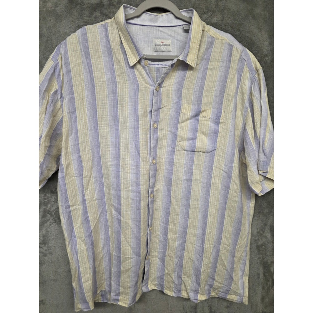 Tommy Bahama Mens XXL 100% Linen Striped Short Sleeve Button Down Shirt Purple